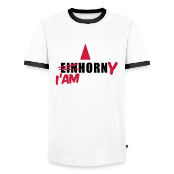 Einhorn T-Shirt - I'am Horny - Mallorca T-Shirts - Männer Kontrast-T-Shirt - Weiß/Schwarz - Vorne - AI Model Female 172 light (172cm) & AI Model Male 178 dark (178cm)