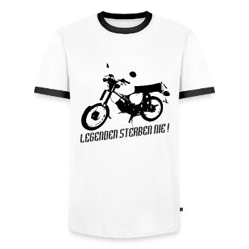 Simson S51 Enduro Legende - Männer Kontrast-T-Shirt - Weiß/Schwarz - Vorne - AI Model Female 172 light (172cm) & AI Model Male 178 dark (178cm)