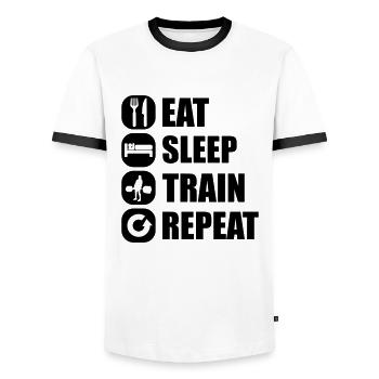 eat_sleep_train_repeat_9_1f - Men's Ringer Shirt - white/black - Front - AI Model Female 172 light (172cm) & AI Model Male 178 dark (178cm)