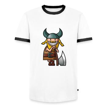 vl085c_wikinger_4c - Men's Ringer Shirt - white/black - Front - AI Model Female 172 light (172cm) & AI Model Male 178 dark (178cm)