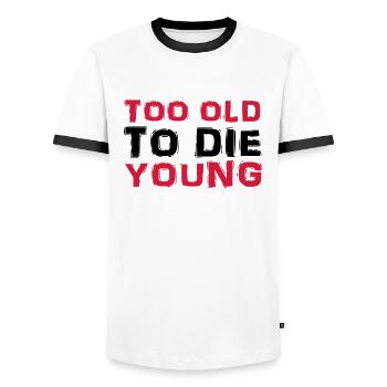 Too old to die young - Männer Kontrast-T-Shirt - Weiß/Schwarz - Vorne - AI Model Female 172 light (172cm) & AI Model Male 178 dark (178cm)
