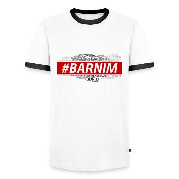 Hashtag Barnim: Alle Orte in einem Shirt! - Männer Kontrast-T-Shirt - Weiß/Schwarz - Vorne - AI Model Female 172 light (172cm) & AI Model Male 178 dark (178cm)