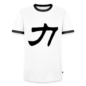Chinese words: force - Men's Ringer Shirt - white/black - Front - AI Model Female 172 light (172cm) & AI Model Male 178 dark (178cm)