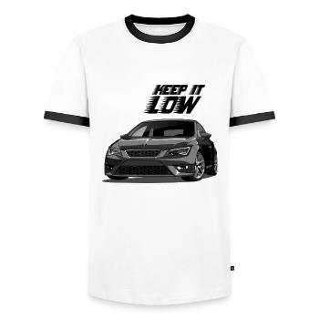 Leon 5F FR Keep it Low - Men's Ringer Shirt - white/black - Front - AI Model Female 172 light (172cm) & AI Model Male 178 dark (178cm)