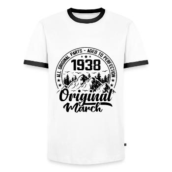 1938 March Original: 86 Years Anniversary Gift - Men's Ringer Shirt - white/black - Front - AI Model Female 172 light (172cm) & AI Model Male 178 dark (178cm)