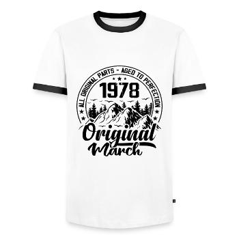 1978 March Original: 46 Years Anniversary Gift - Men's Ringer Shirt - white/black - Front - AI Model Female 172 light (172cm) & AI Model Male 178 dark (178cm)