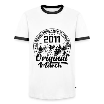 2011 March Original: 13 Year Anniversary Gift - Men's Ringer Shirt - white/black - Front - AI Model Female 172 light (172cm) & AI Model Male 178 dark (178cm)