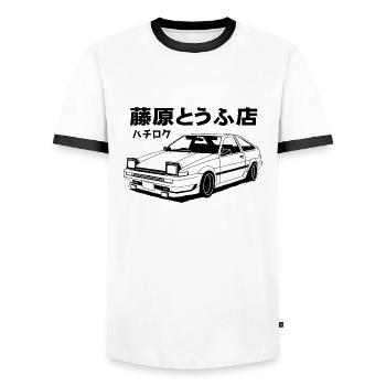Initial D Sprinter Trueno AE86 - Men's Ringer Shirt - white/black - Front - AI Model Female 172 light (172cm) & AI Model Male 178 dark (178cm)