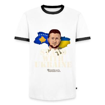 Stand with Ukraine Kosovo T-Shirt Design - Men's Ringer Shirt - white/black - Front - AI Model Female 172 light (172cm) & AI Model Male 178 dark (178cm)