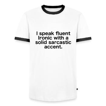 Ironique couramment avec un accent sarcastique - T-shirt contrasté Homme - blanc/noir - Devant - AI Model Female 172 light (172cm) & AI Model Male 178 dark (178cm)