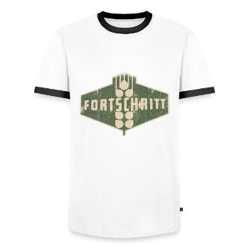 IFA FORTSCHRITT - Retro Logo Ostalgie LPG - Männer Kontrast-T-Shirt - Weiß/Schwarz - Vorne - AI Model Female 172 light (172cm) & AI Model Male 178 dark (178cm)