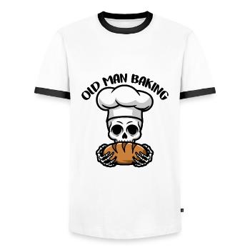 Funny Baker Skull with Bread. Old man bakes - Men's Ringer Shirt - white/black - Front - AI Model Female 172 light (172cm) & AI Model Male 178 dark (178cm)