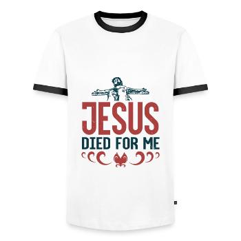 Baptism, Communion and Confirmation Gifts - Men's Ringer Shirt - white/black - Front - AI Model Female 172 light (172cm) & AI Model Male 178 dark (178cm)
