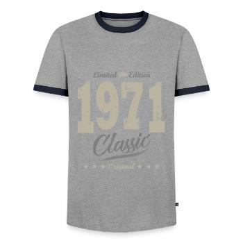 Geburtstag 52 Jahre 1971 Geburtsjahr - Männer Kontrast-T-Shirt - Grau/Navy  - Vorne - AI Model Female 172 light (172cm) & AI Model Male 178 light (178cm)