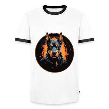 Dobermann im Farbkreis mit Farbflecken - Männer Kontrast-T-Shirt - Weiß/Schwarz - Vorne - AI Model Female 172 light (172cm) & AI Model Male 178 dark (178cm)