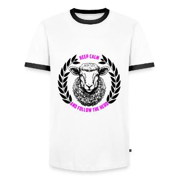 Les moutons restent calmes et suivent le troupeau - T-shirt contrasté Homme - blanc/noir - Devant - AI Model Female 172 light (172cm) & AI Model Male 178 dark (178cm)