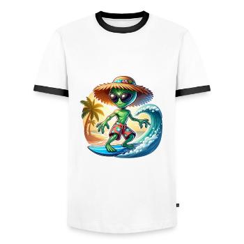 Lustiges kleines Alien auf Surfboard - Männer Kontrast-T-Shirt - Weiß/Schwarz - Vorne - AI Model Female 172 light (172cm) & AI Model Male 178 dark (178cm)