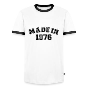 Made in 1976 - Men's Ringer Shirt - white/black - Front - AI Model Female 172 light (172cm) & AI Model Male 178 dark (178cm)