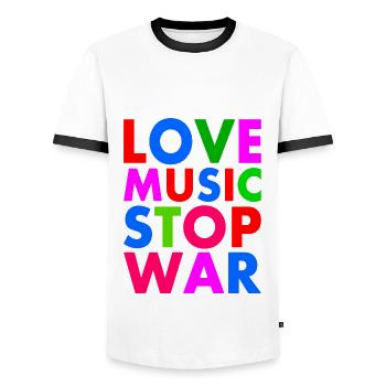 Stop war - Men's Ringer Shirt - white/black - Front - AI Model Female 172 light (172cm) & AI Model Male 178 dark (178cm)