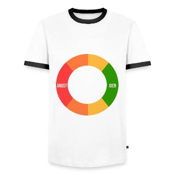 Angst > Gier - Männer Kontrast-T-Shirt - Weiß/Schwarz - Vorne - AI Model Female 172 light (172cm) & AI Model Male 178 dark (178cm)