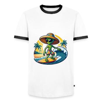 Lustiges kleines Alien auf Surfboard - Männer Kontrast-T-Shirt - Weiß/Schwarz - Vorne - AI Model Female 172 light (172cm) & AI Model Male 178 dark (178cm)