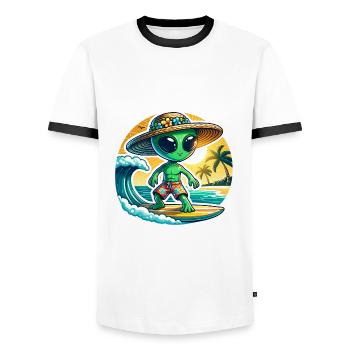 Lustiges kleines Alien auf Surfboard - Männer Kontrast-T-Shirt - Weiß/Schwarz - Vorne - AI Model Female 172 light (172cm) & AI Model Male 178 dark (178cm)