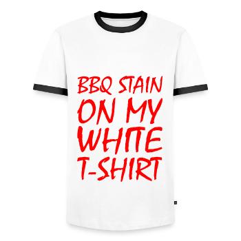bbq barbecue stain on my white t shirt - Men's Ringer Shirt - white/black - Front - AI Model Female 172 light (172cm) & AI Model Male 178 dark (178cm)