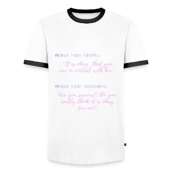 You: no go=contact with Ex's - Men's Ringer Shirt - white/black - Front - AI Model Female 172 light (172cm) & AI Model Male 178 dark (178cm)
