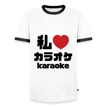 I Heart [Love] Karaoke カラオケ // Nihongo Japanese - Men's Ringer Shirt - white/black - Front - AI Model Female 172 light (172cm) & AI Model Male 178 dark (178cm)