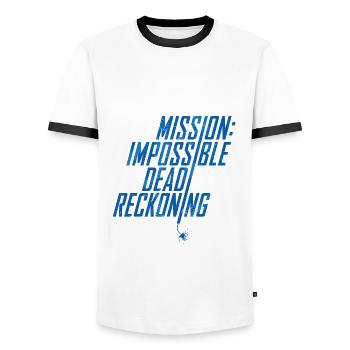 Mission Impossible Dead Reckoning Design Bleu - T-shirt contrasté Homme - blanc/noir - Devant - AI Model Female 172 light (172cm) & AI Model Male 178 dark (178cm)