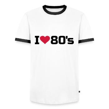 J'aime la musique de cœur des années 80, 80, 80, 80 - T-shirt contrasté Homme - blanc/noir - Devant - AI Model Female 172 light (172cm) & AI Model Male 178 dark (178cm)