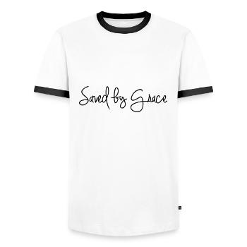 Saved by Grace - Men's Ringer Shirt - white/black - Front - AI Model Female 172 light (172cm) & AI Model Male 178 dark (178cm)