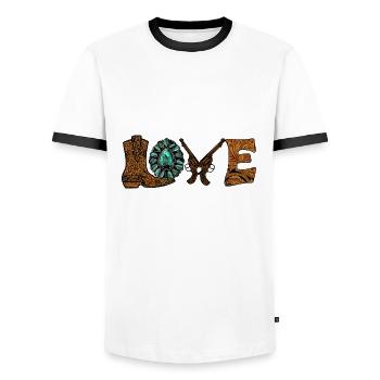 Love Liebe Western Revolver Cowboy - T-shirt contrasté Homme - blanc/noir - Devant - AI Model Female 172 light (172cm) & AI Model Male 178 dark (178cm)