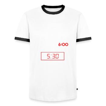Wake up at 6.00 am. 30min sleep left - Men's Ringer Shirt - white/black - Front - AI Model Female 172 light (172cm) & AI Model Male 178 dark (178cm)