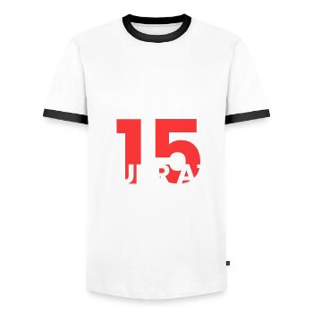 SURR AT 15!!! - Men's Ringer Shirt - white/black - Front - AI Model Female 172 light (172cm) & AI Model Male 178 dark (178cm)