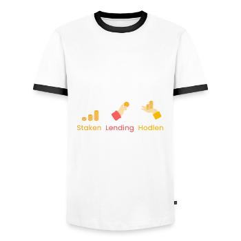 Staken - Lending - Hodlen - Männer Kontrast-T-Shirt - Weiß/Schwarz - Vorne - AI Model Female 172 light (172cm) & AI Model Male 178 dark (178cm)