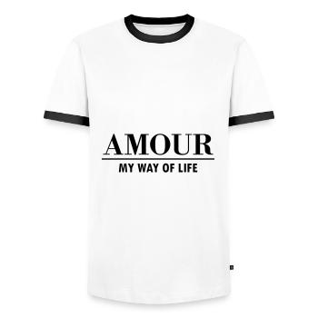 Amour, my way of life (line) - Men's Ringer Shirt - white/black - Front - AI Model Female 172 light (172cm) & AI Model Male 178 dark (178cm)