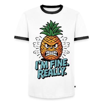 Sarcasm with pineapple - I'm okay. Really! - Men's Ringer Shirt - white/black - Front - AI Model Female 172 light (172cm) & AI Model Male 178 dark (178cm)