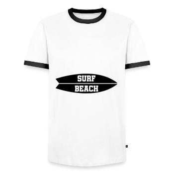 ★ Design colors can be changed ★ Surf Beach (surfboard) - Men's Ringer Shirt - white/black - Front - AI Model Female 172 light (172cm) & AI Model Male 178 dark (178cm)