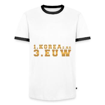 1. KOREA 2. EUW 3. NA - Männer Kontrast-T-Shirt - Weiß/Schwarz - Vorne - AI Model Female 172 light (172cm) & AI Model Male 178 dark (178cm)