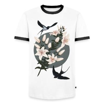 Hirondelles et lys - T-shirt contrasté Homme - blanc/noir - Devant - AI Model Female 172 light (172cm) & AI Model Male 178 dark (178cm)
