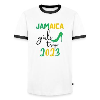 Jamaica Girls Trip 2023 group matching, green text - Men's Ringer Shirt - white/black - Front - AI Model Female 172 light (172cm) & AI Model Male 178 dark (178cm)