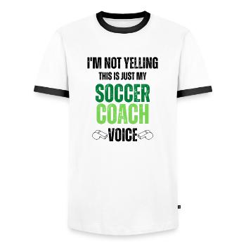 Not Yelling soccer Coach Voice funny black texture - Men's Ringer Shirt - white/black - Front - AI Model Female 172 light (172cm) & AI Model Male 178 dark (178cm)