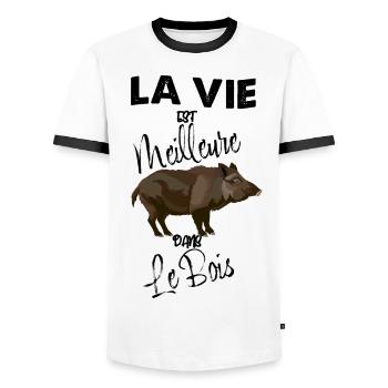 la Belle Vie Dans Les Bois De mon Papa Chasseur - T-shirt contrasté Homme - blanc/noir - Devant - AI Model Female 172 light (172cm) & AI Model Male 178 dark (178cm)