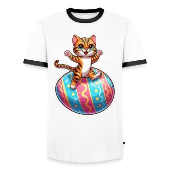 Dancing Bengal cat on easter egg - Men's Ringer Shirt - white/black - Front - AI Model Female 172 light (172cm) & AI Model Male 178 dark (178cm)