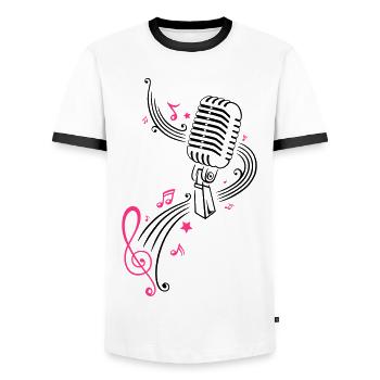 Retro microphone with music notes and clef. - Men's Ringer Shirt - white/black - Front - AI Model Female 172 light (172cm) & AI Model Male 178 dark (178cm)