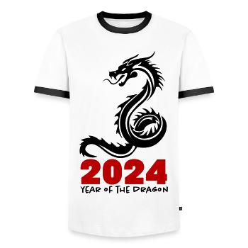 2024 - Men's Ringer Shirt - white/black - Front - AI Model Female 172 light (172cm) & AI Model Male 178 dark (178cm)