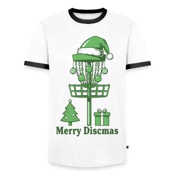Joyeux sapin de Noël pour le panier de disc golf de Discsmas - T-shirt contrasté Homme - blanc/noir - Devant - AI Model Female 172 light (172cm) & AI Model Male 178 dark (178cm)