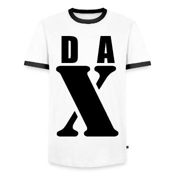 Dax – Conception du prénom | Typographie minimale - T-shirt contrasté Homme - blanc/noir - Devant - AI Model Female 172 light (172cm) & AI Model Male 178 dark (178cm)