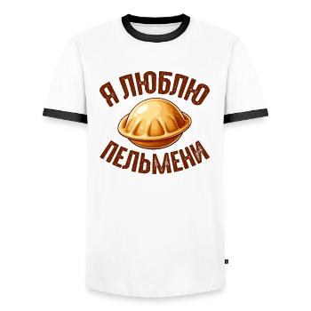 I Love Pelmeni Saying in Russian Funny - Men's Ringer Shirt - white/black - Front - AI Model Female 172 light (172cm) & AI Model Male 178 dark (178cm)